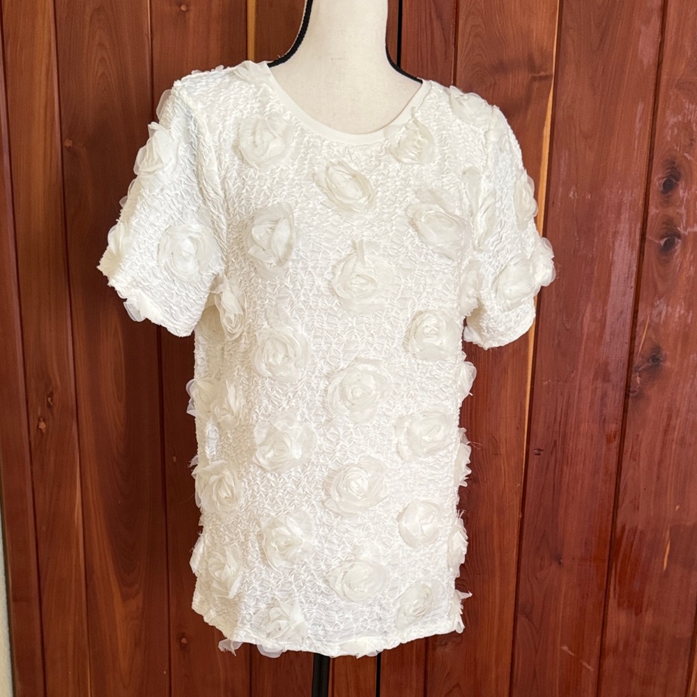 NWOT Joie Floral Appliqué white Chiffon Silk Top large fun flirty girly summer